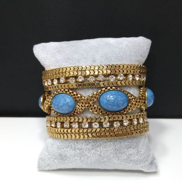 Boho Faux Turquoise Rhinestones Gold Tone Bracelet, 7 1/4 Inch, Magnetic Clasp - Picture 5 of 10
